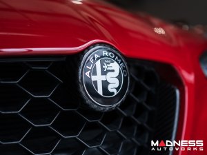 Alfa Romeo Emblems + Badges + Wheel Caps Kit - Black - "Alfa Romeo" + "Sportiva" Emblems + 2 AR Badges + 4 Center Caps